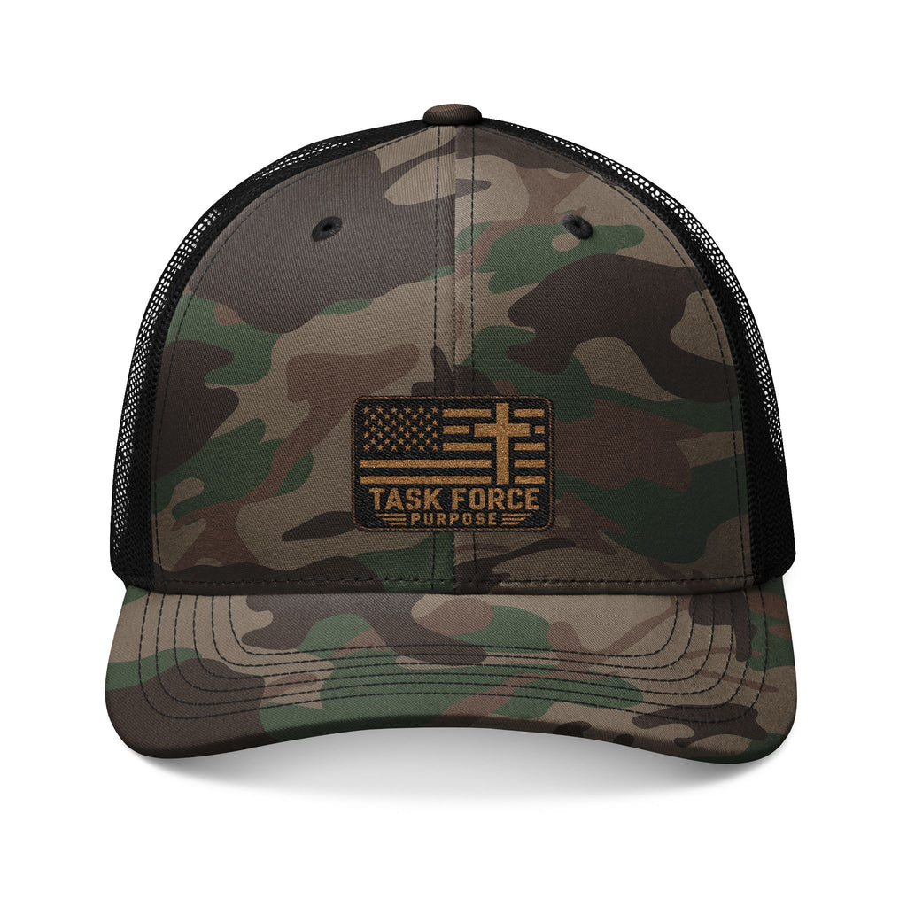 Camo Trucker Hat — Embroidered 'Task Force' Flag Patch