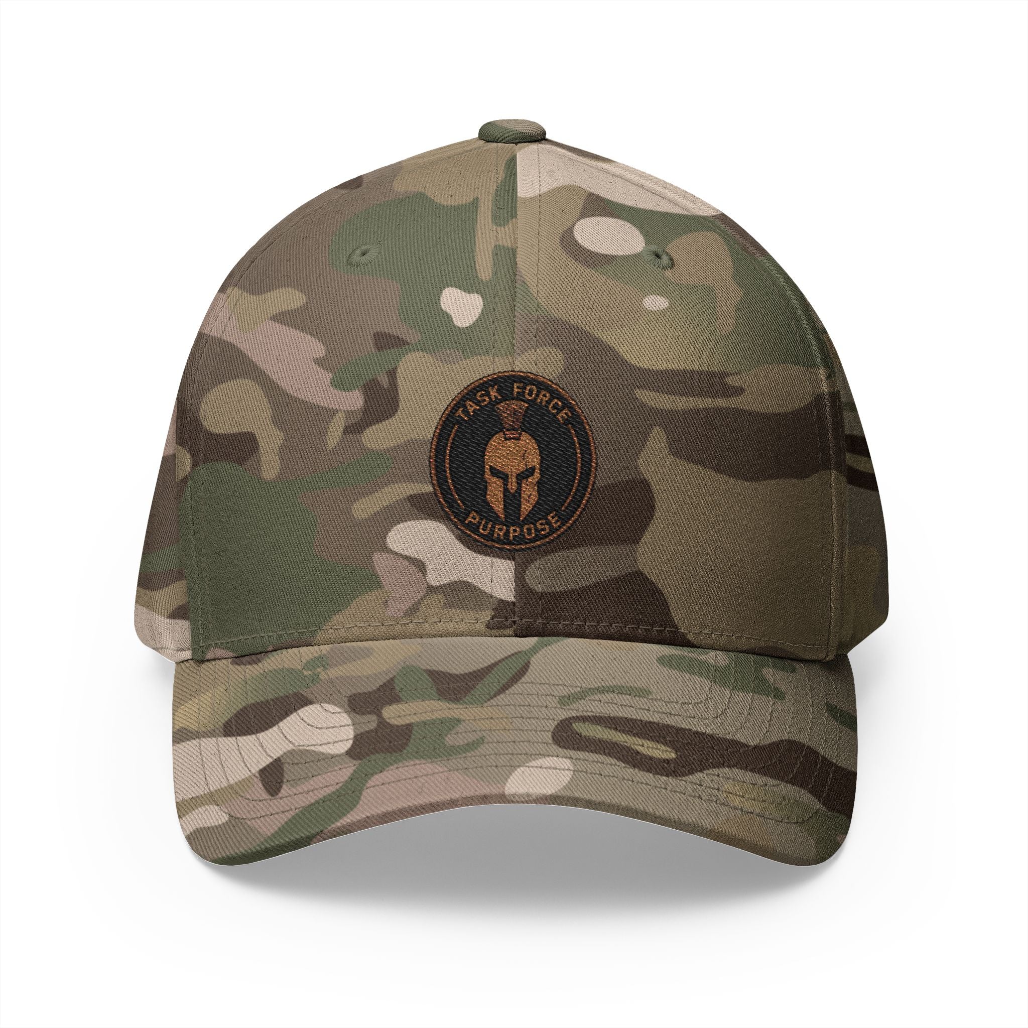 Camo Spartan Helmet Embroidered Cap — Military Style Closed-Back Hat