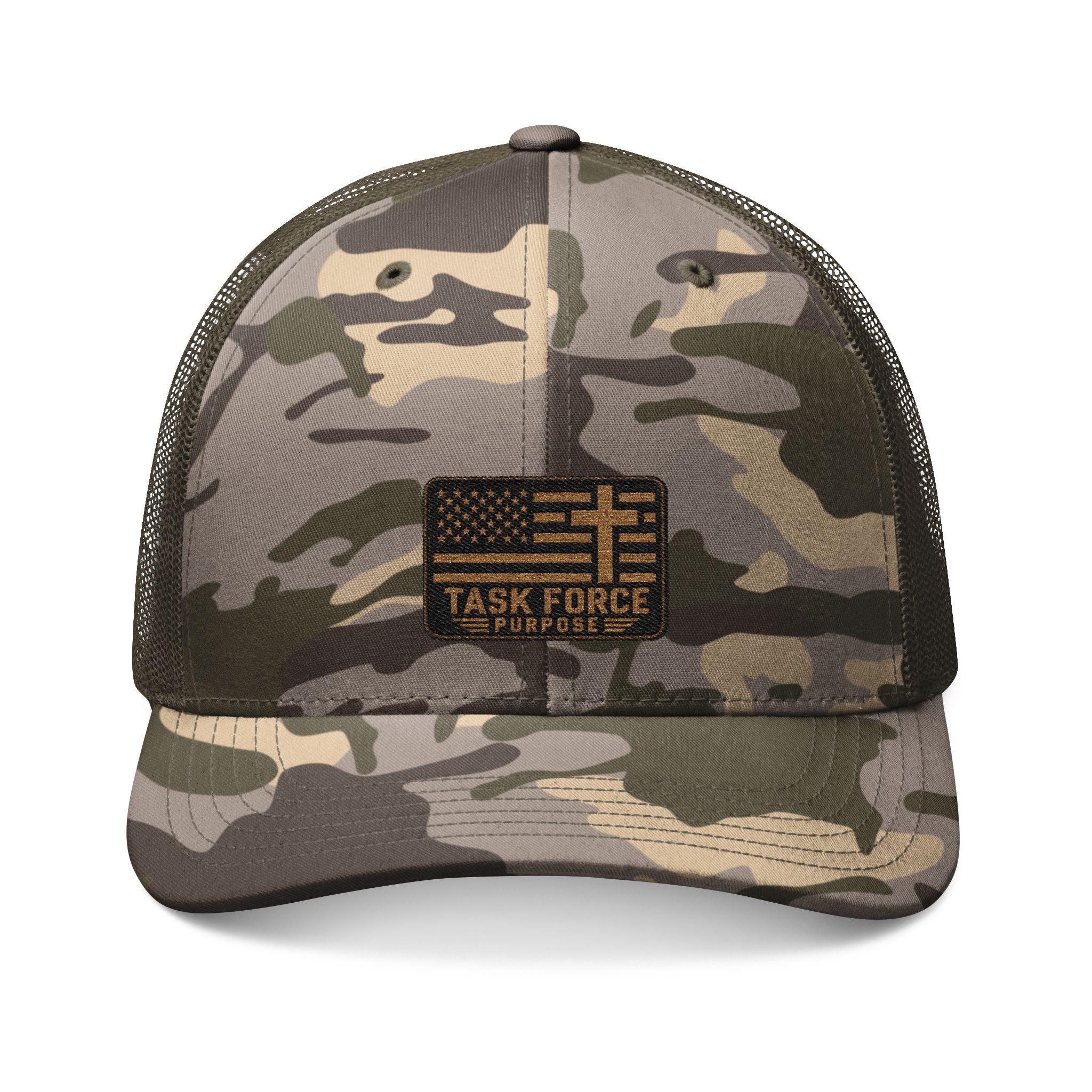 Camo Trucker Hat — Embroidered 'Task Force' Flag Patch