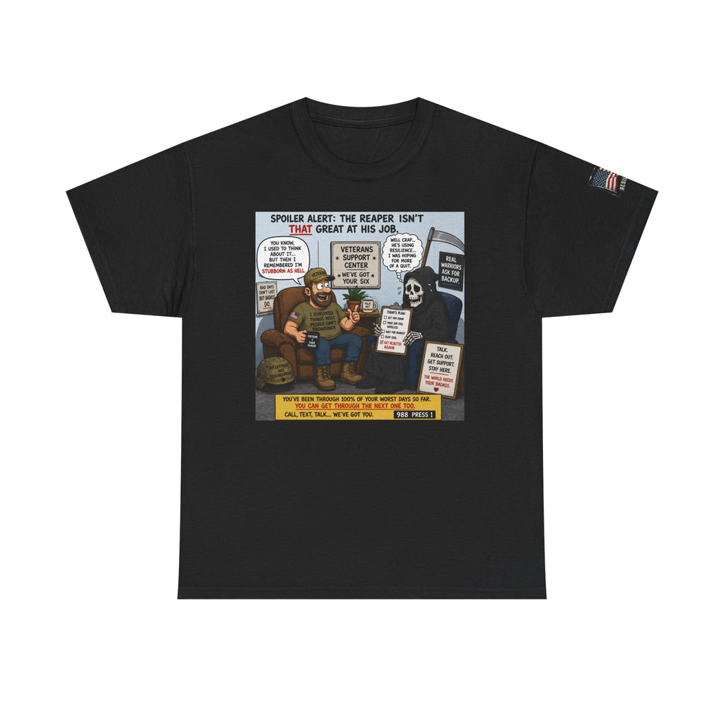 Reaper & Veteran Comic T-Shirt — 'Spoiler Alert' Military Humor Tee