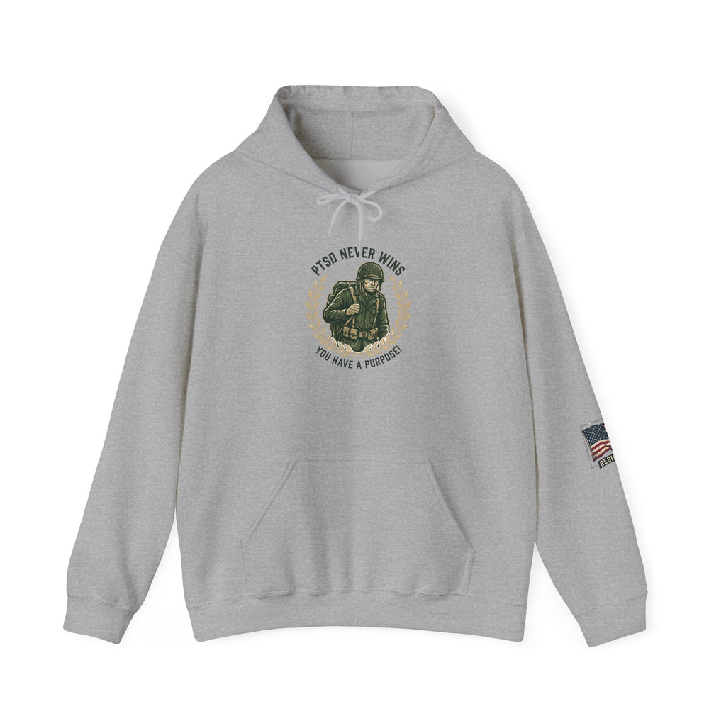 PTSD Support Hoodie – 'PTSD Never Wins' Veteran Awareness Hooded Sweatshirt