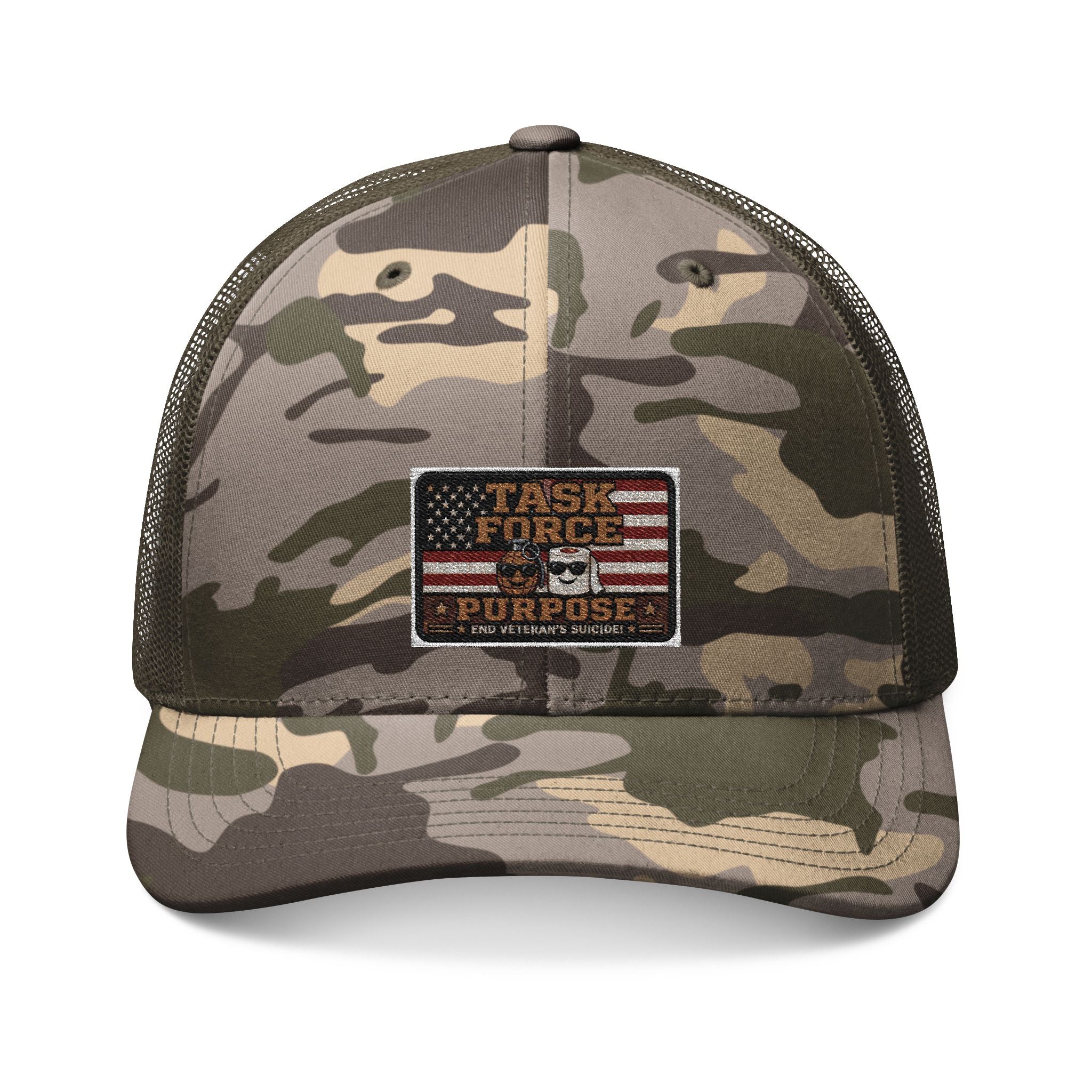 Camo Trucker Hat — Embroidered American Flag "Task Force" Patch