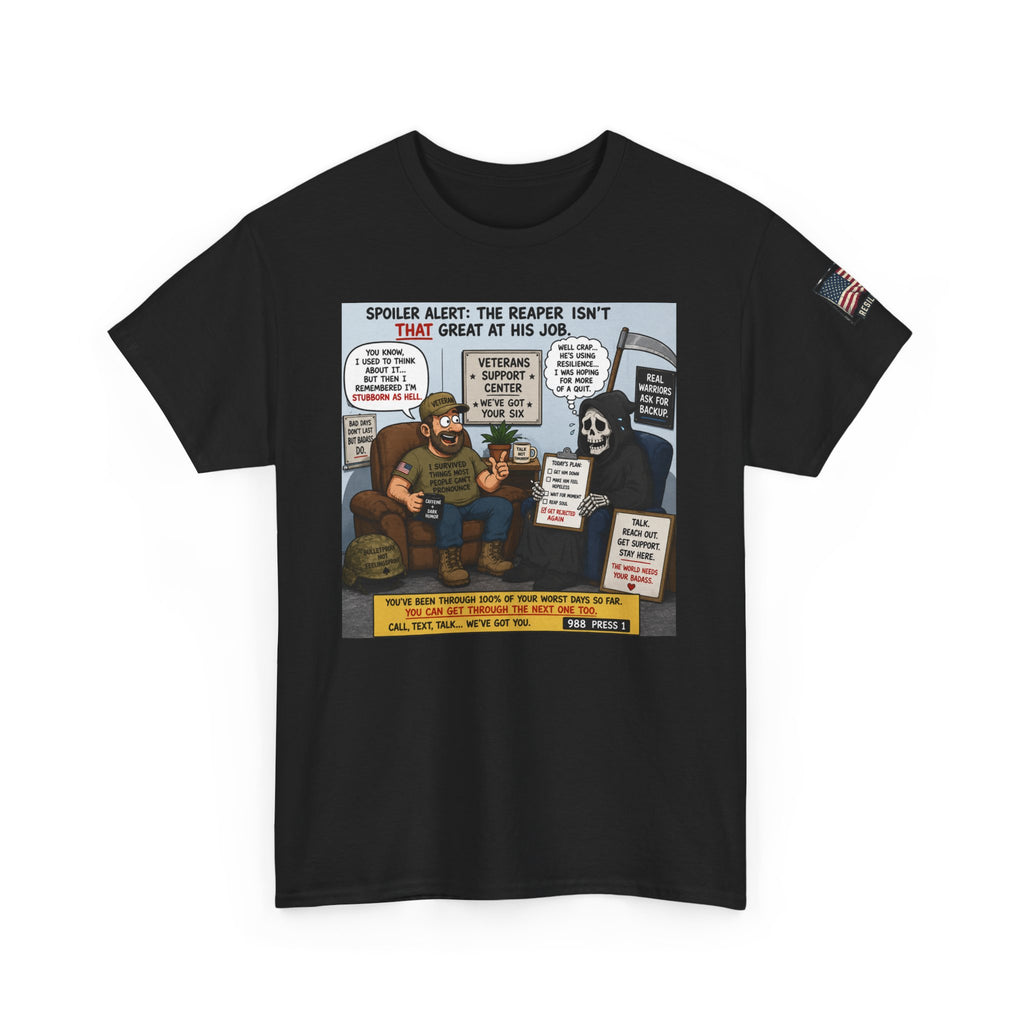 Reaper & Veteran Comic T-Shirt — 'Spoiler Alert' Military Humor Tee